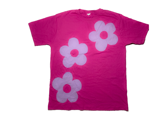 camiseta flor fuschia e cinza